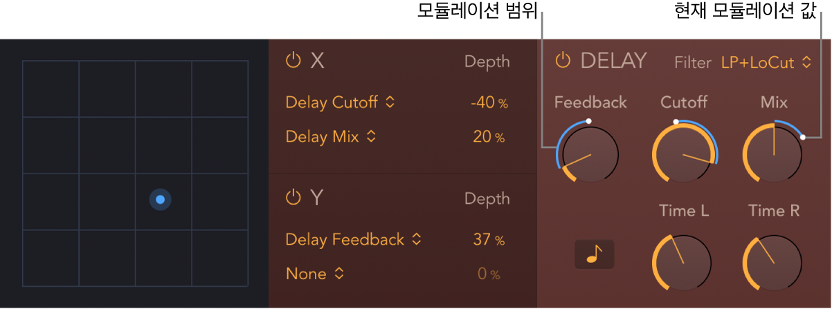그림. StepFX XY 패드 및 딜레이 파라미터는 파란색 모듈레이션 범위 및 현재 모듈레이션 위치 표시기를 표시합니다.