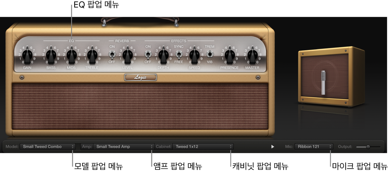 그림. 팝업 메뉴의 설명과 Amp Designer 윈도우.