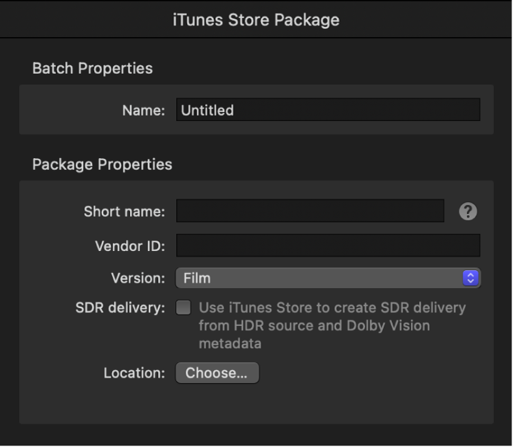 L’inspector del pacchetto di iTunes Store in Compressor.