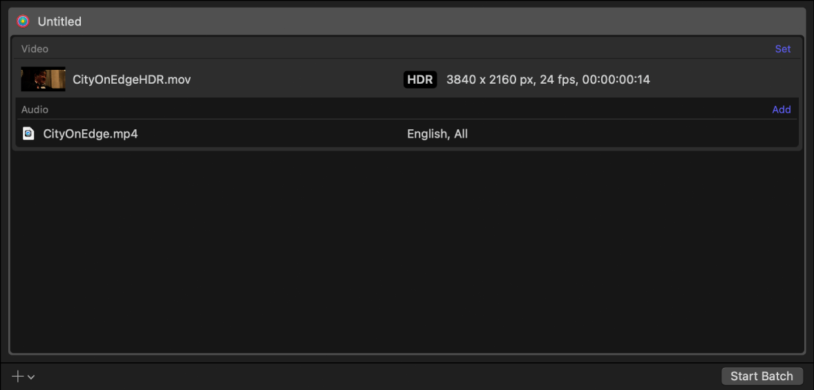 L’area del gruppo di Compressor che mostra una riga di output per un video HDR in un pacchetto IMF.