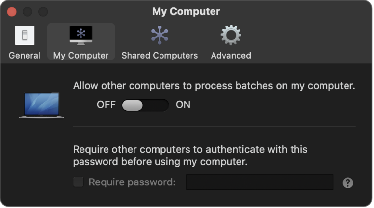 La finestra delle impostazioni “Il mio computer” in Compressor.