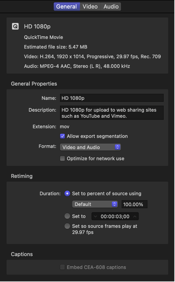 Il riquadro inspector di Compressor che mostra le proprietà generali di un preset HD 1080p.
