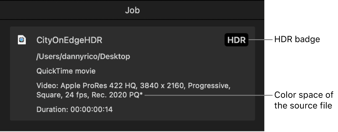Compressor 的「作業」檢閱器顯示 HDR 標記和來源影片檔案的色彩空間。
