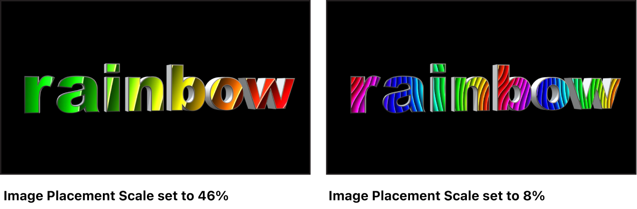 Lienzo con texto 3D con una imagen aplicada ajustada a una escala del 80 % y una imagen aplicada ajustada a una escala del 22 %