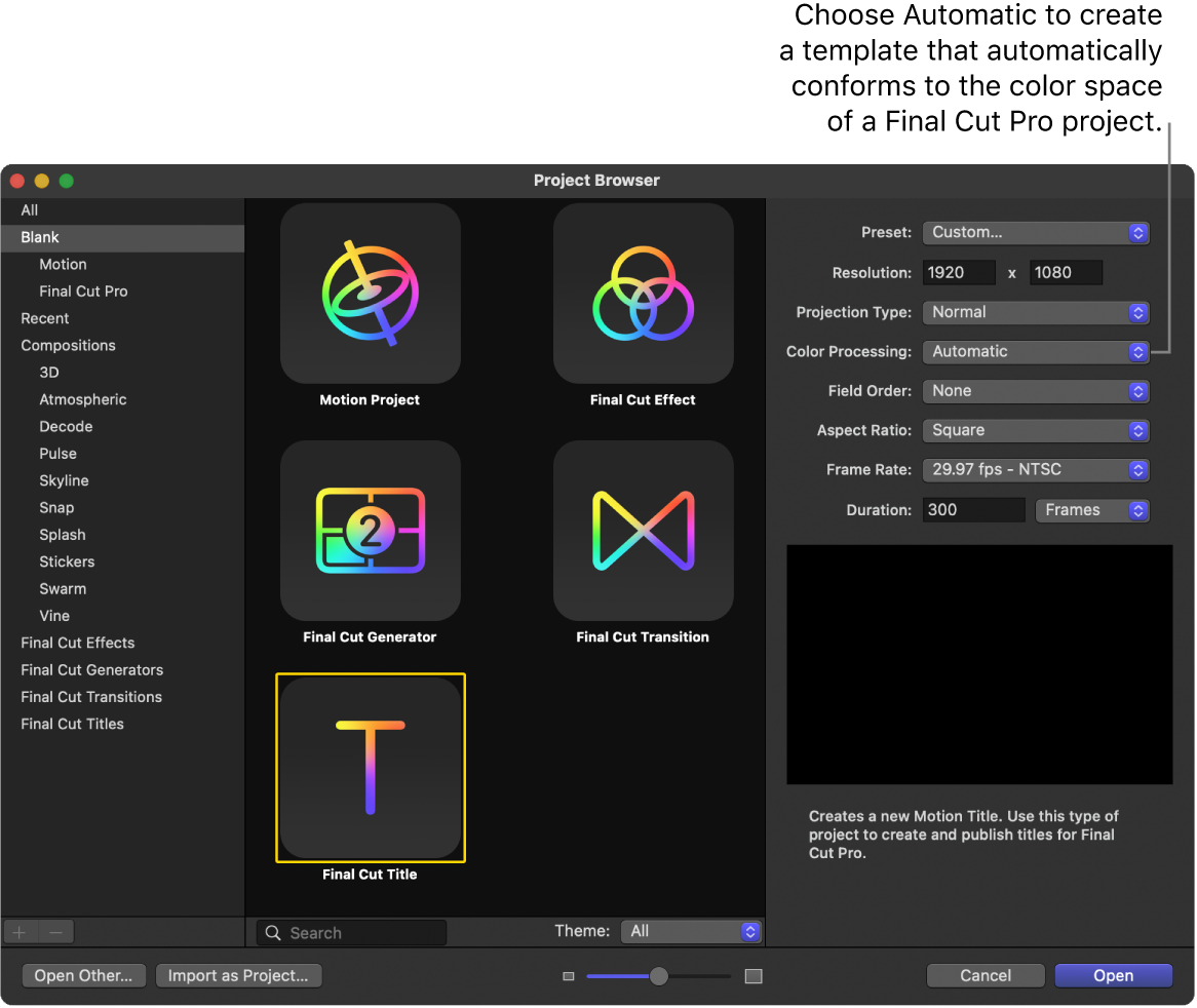 Explorador de proyectos, con el icono “Título de Final Cut” seleccionado y el parámetro “Procesamiento de color” definido como Automático