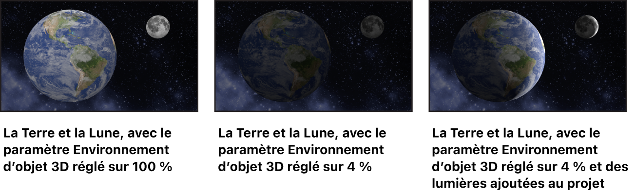 Images montrant l’effet des réglages Environnement sur des objets 3D