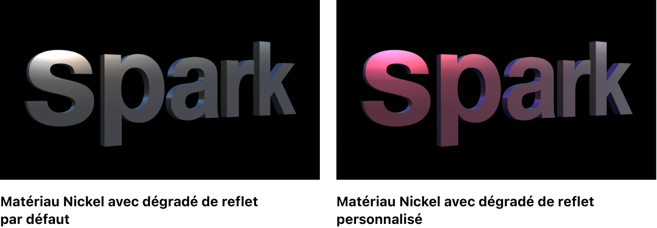 Canevas affichant un texte 3D avec le dégradé de reflet Nickel par défaut et ce même dégradé modifié