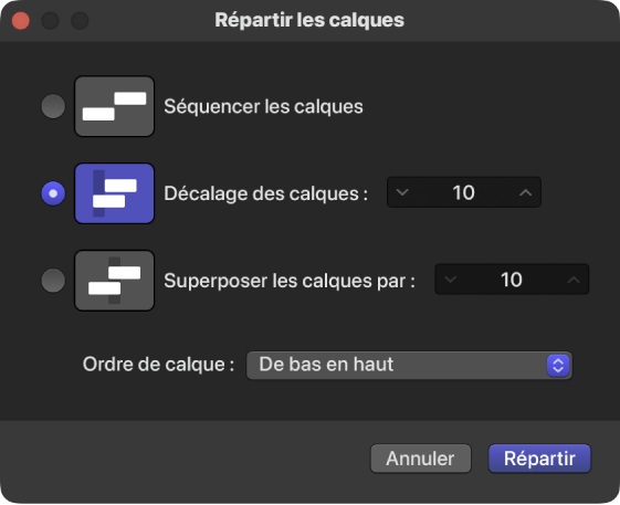 La fenêtre « Répartir les calques » dans Motion