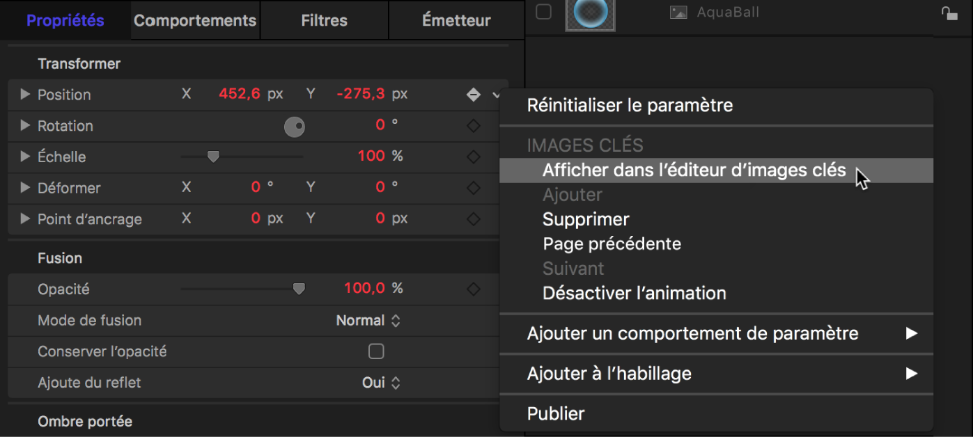 Inspecteur affichant la commande « Afficher dans l’éditeur d’images clés » dans le menu Animation