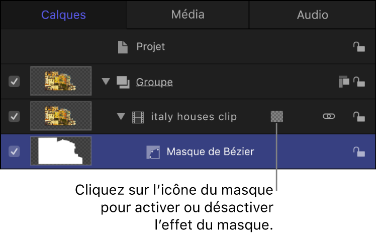 Liste Calques affichant l’icône d’un masque