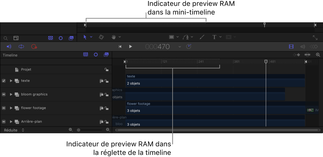 Mini-timeline et timeline montrant les indicateurs de preview RAM