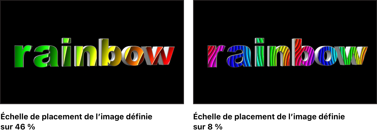 Canevas affichant un texte 3D avec une image positionnée dont l’échelle est réglée sur 80 % et une autre dont l’échelle est réglée sur 22 %