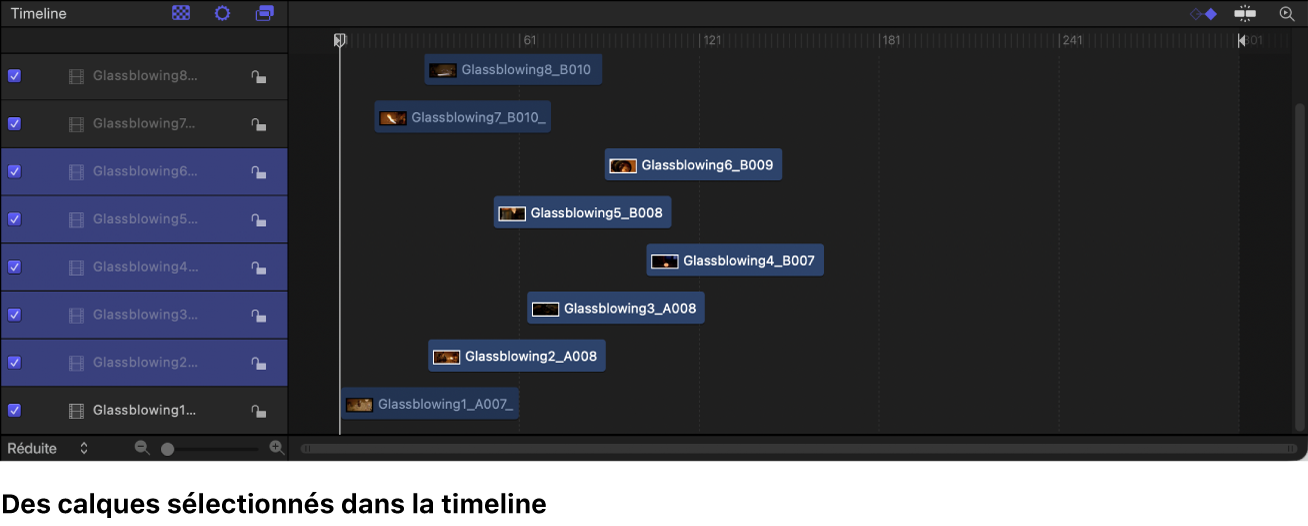 Timeline affichant cinq calques sélectionnés