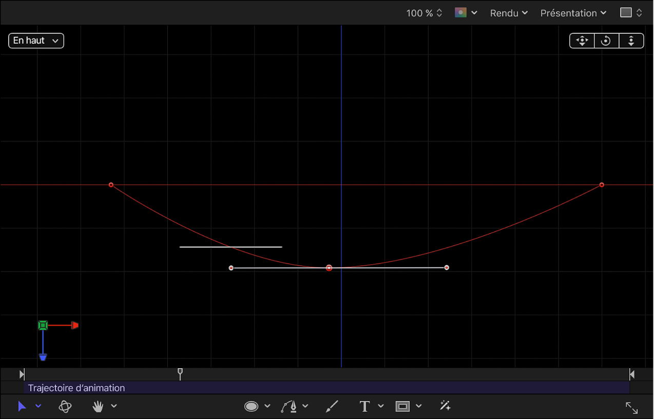 Canevas affichant une trajectoire d’animation manipulée dans un espace 3D