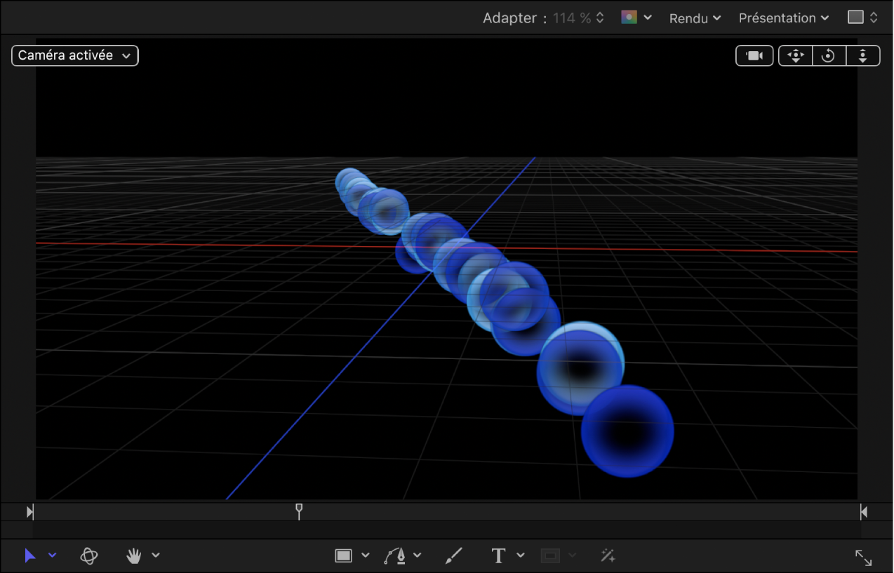 Canevas affichant des particules générées par un émetteur Ligne 2D réglé dans l’espace 3D