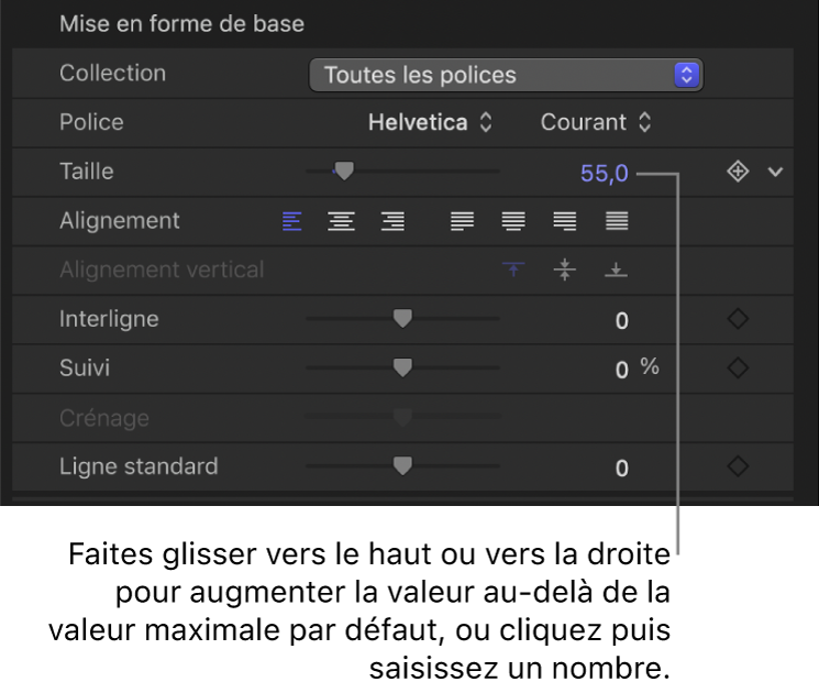 Champ de valeur Taille pour le paramètre Taille du texte