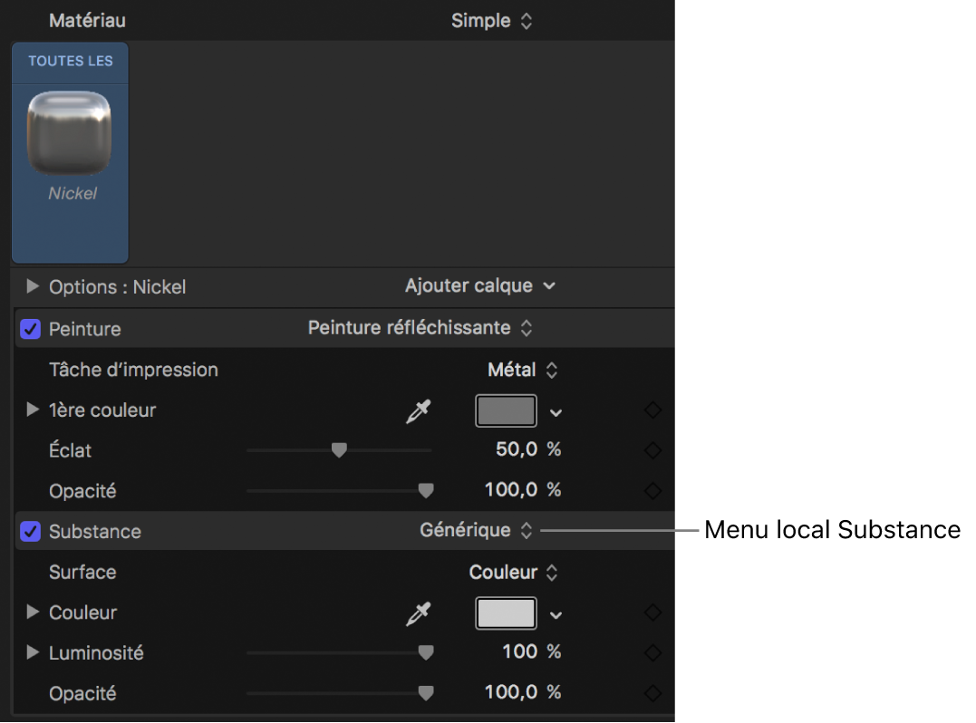 Sélection de Métal dans le menu local Type des commandes de substance Générique (fenêtre Apparence de l’inspecteur de texte)