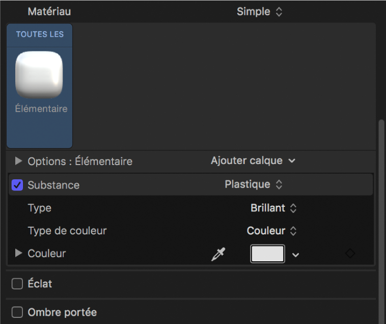 Inspecteur de texte 3D affichant le matériau Blanc basique
