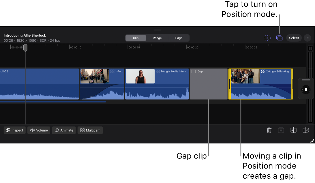 Die Timeline zeigt die Taste „Positionsmodus“ oben in der Timeline und einem Clip, der nach rechts verschoben wurde und eine Lücke erzeugt hat.