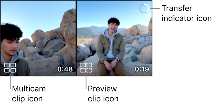 A multicam clip with a multicam clip icon, and a second multicam clip with a preview clip icon and a transfer indicator icon, showing that a file transfer is in progress.