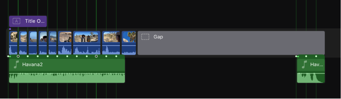 The timeline showing a gap clip in place of the deleted range.