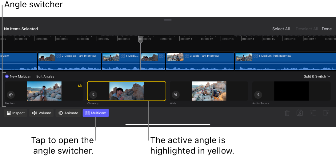 The angle switcher open in the timeline, with thumbnails for four angles.