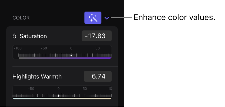 The Effects tab of the inspector showing the Enhance button for the Color section.