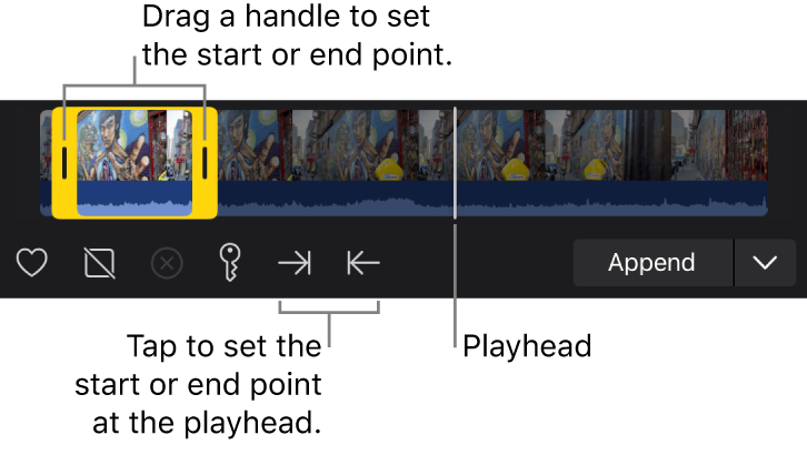 A media browser filmstrip with a selected range, yellow start and end point handles, buttons to set the start and end point, and the playhead (a vertical white line).
