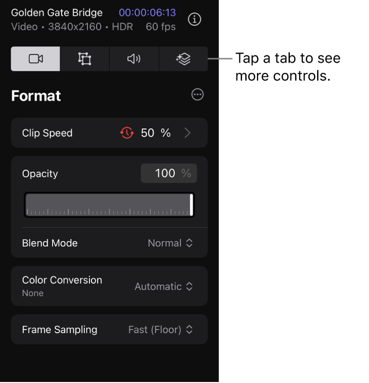 The Format tab of the inspector, showing controls for modifying a video clip’s speed, opacity, and blend mode.