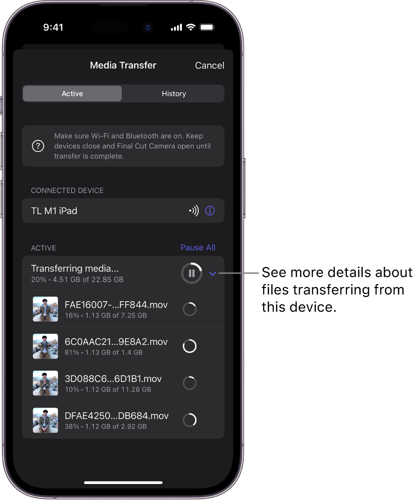 The Media Transfer screen in Final Cut Camera, showing a list of active transfers.