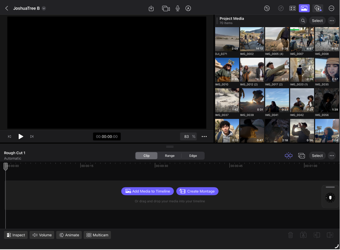 The Edit screen with media in the browser and an empty timeline with two buttons: Add Media to Timeline and Create Montage.