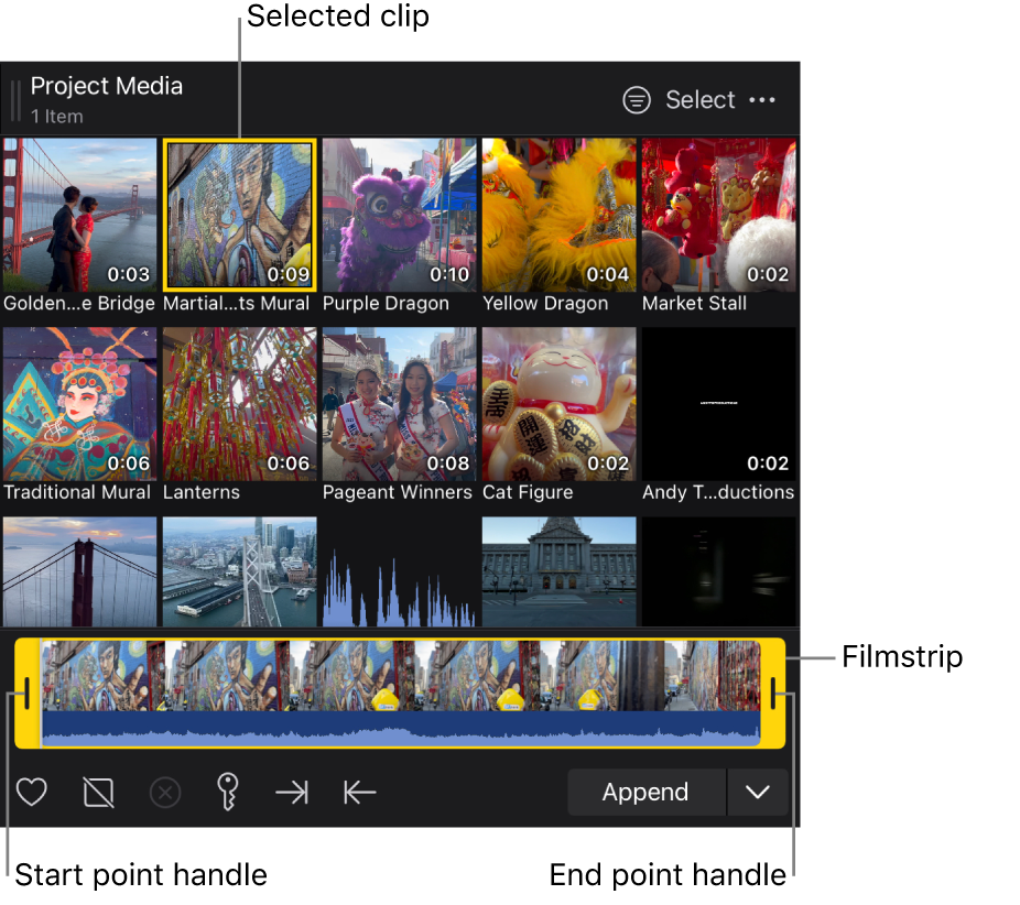 The media browser showing a selected clip thumbnail and its filmstrip with yellow start and end point handles.