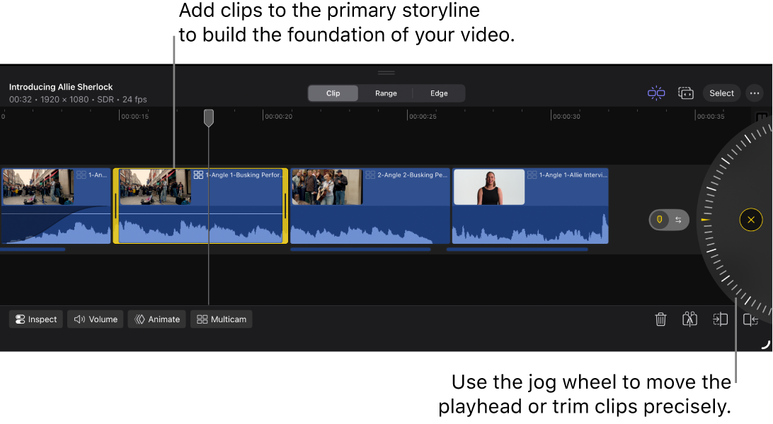 The timeline, showing the primary storyline and the jog wheel.