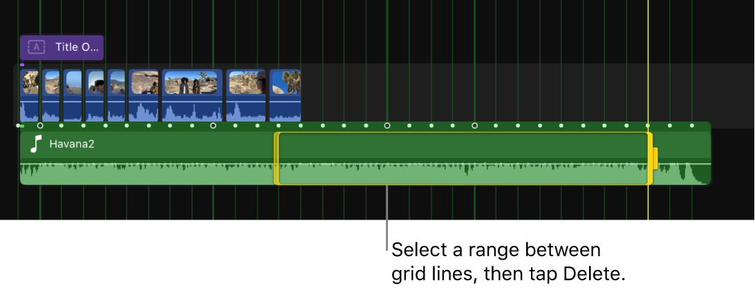 The timeline showing a music clip with a range selected between beat grid lines.