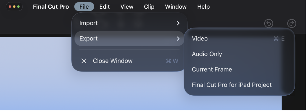 The menu bar showing the File menu and the Export submenu.