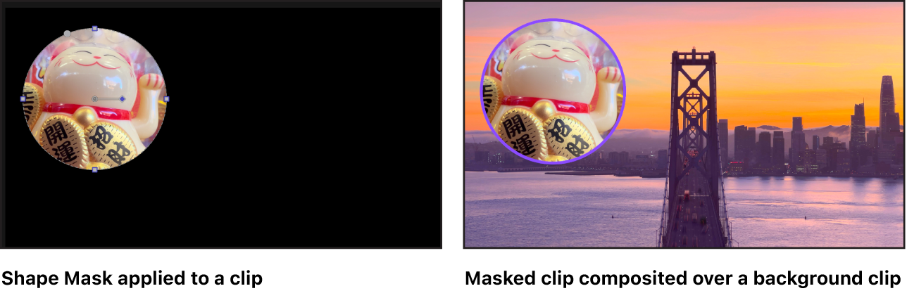 Una comparación en paralelo de una máscara de figura circular aplicada a un clip y el clip enmascarado combinado con un clip de fondo.