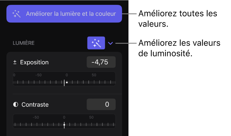Onglet Effets de l’inspecteur avec le bouton « Améliorer la lumière et la couleur » et le bouton Améliorer pour la section Lumière.