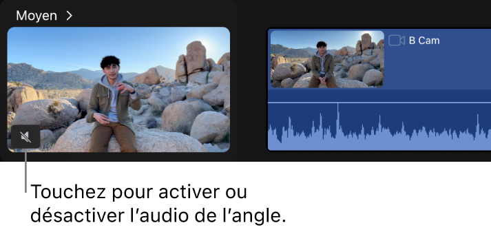 Icône audio dans le coin inférieur gauche d’une vignette d’angle dans l’éditeur d’angle.