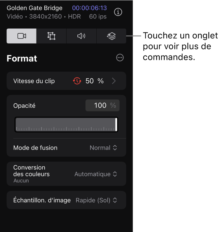 L’onglet Format de l’inspecteur, montrant les commandes pour modifier la vitesse, l’opacité et le mode de fusion d’un plan vidéo.