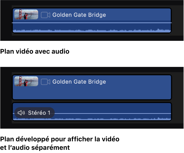 Plan de la timeline affiché avant et après avoir été développé pour afficher l’audio et la vidéo séparément.
