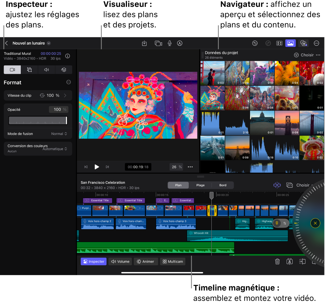 L’écran Montage montrant l’inspecteur ouvert sur la gauche, le visualiseur et le navigateur en haut, et la timeline au bas avec la molette ouverte sur la droite.