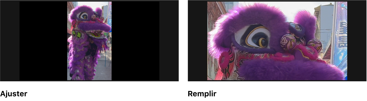 Comparaison côte à côte d’un vidéo au format portrait avec l'option « Redimensionner automatiquement » réglée sur Ajuster et sur Remplir. L'option Ajuster affiche l’image entière de la vidéo enregistrée verticalement, avec un espace vide noir de chaque côté. L’option Remplir agrandit une zone rectangulaire de la vidéo pour remplir les proportions horizontales du projet.