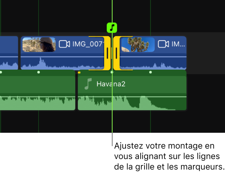 Timeline affichant un montage Roll en cours d’exécution sur les deux derniers plans.