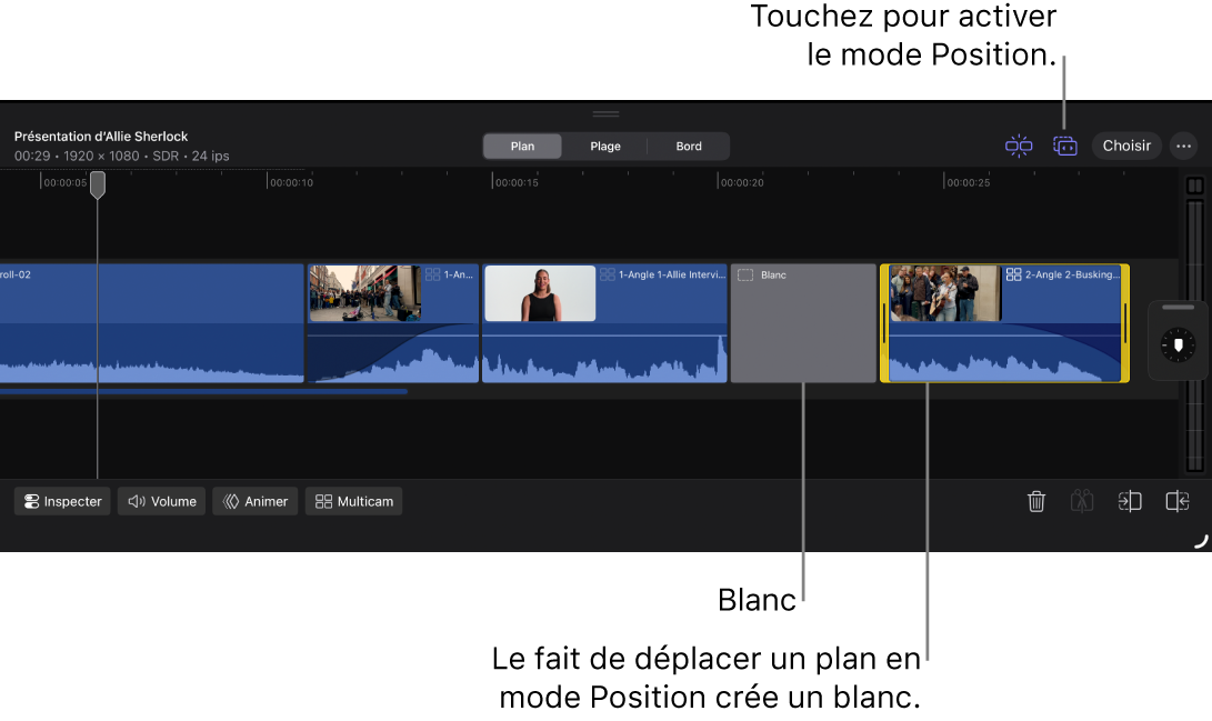 Timeline affichant le bouton Mode Position en haut de la timeline et un plan qui a été déplacé vers la droite en créant un vide.