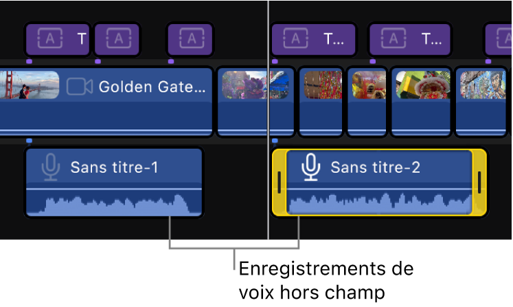 Enregistrements de voix off apparaissant sous le scénario principal dans la timeline.