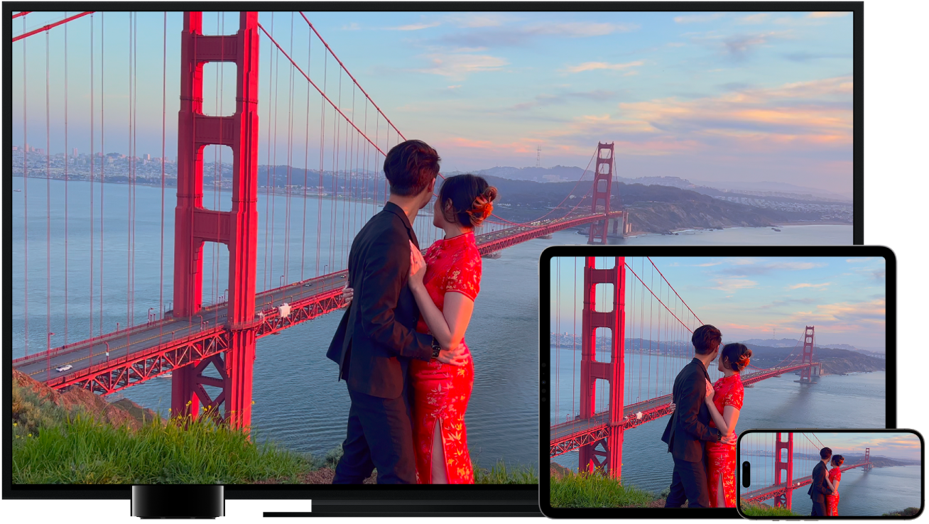 Vidéo exportée affichée sur trois appareils : Apple TV 4K, iPad et iPhone.