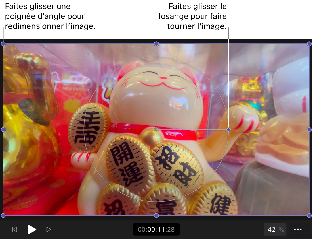 Commandes de transformation à l’écran dans le visualiseur, incluant des poignées de redimensionnement et la poignée de rotation.