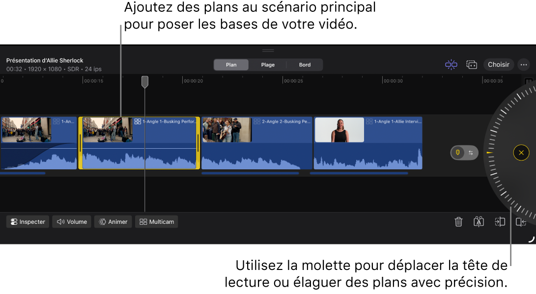 La timeline, affichant le scénario principal et la molette.