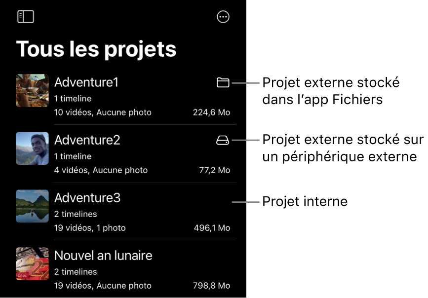 Projets dans la liste de projets, avec des icônes indiquant des projets stockés dans l’app Fichiers ou sur un périphérique externe.