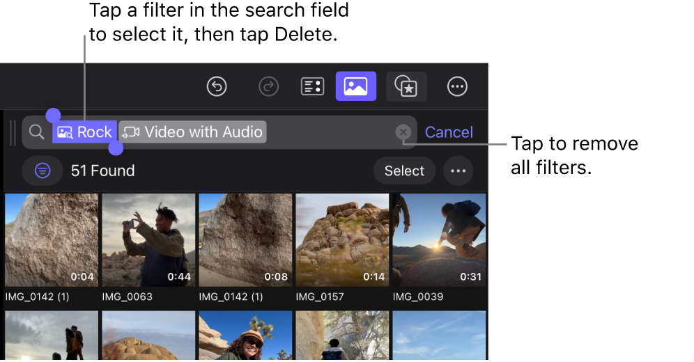 検索結果が表示され、検索フィールドでフィルタが選択されたブラウザ。